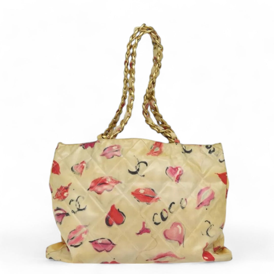 Chanel Chain Tote Bag Vinyl White CC Logo Quilted Pattern Women's Handbag