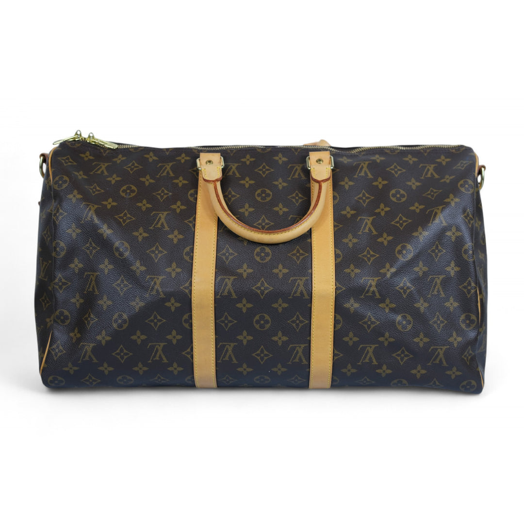 Louis Vuitton Keepall 50 Monogram Canvas Travel Bag with Strap Brown Unisex