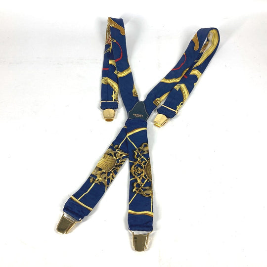 HERMES suspenders silk Navy vintage Overall handle Women Used Authentic