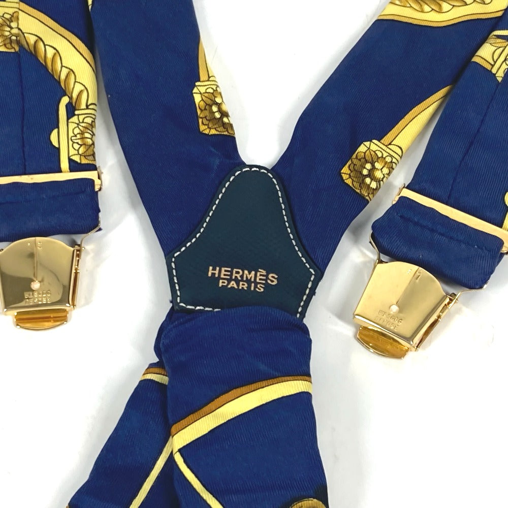 HERMES suspenders silk Navy vintage Overall handle Women Used Authentic