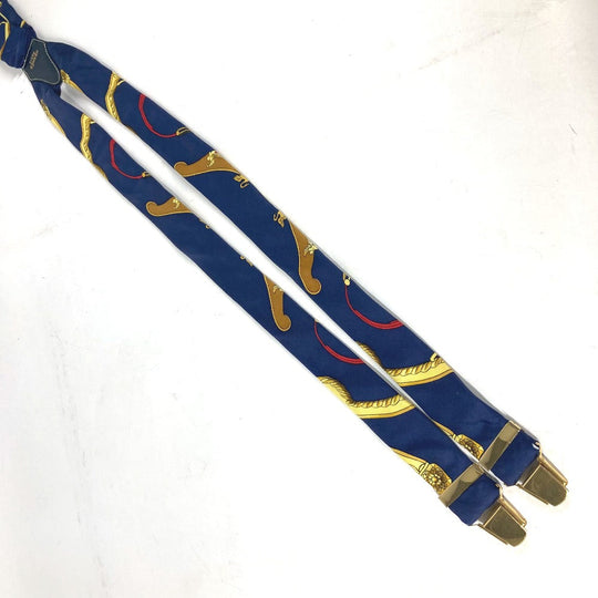 HERMES suspenders silk Navy vintage Overall handle Women Used Authentic