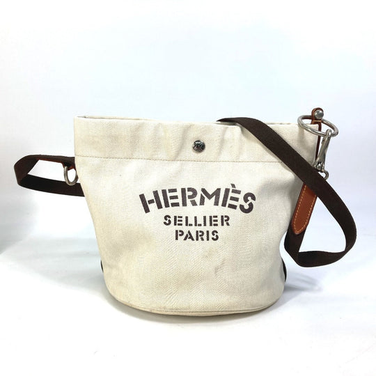 HERMES Shoulder Bag Leather / canvas white Crossbody Sac de Pansage bucket type Women Used Authentic