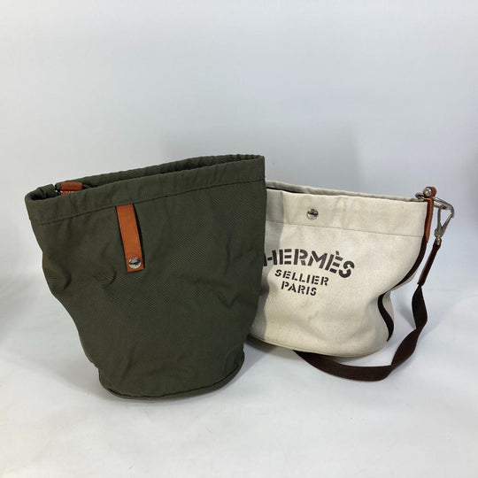 HERMES Shoulder Bag Leather / canvas white Crossbody Sac de Pansage bucket type Women Used Authentic