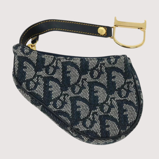Christian Dior Trotter Canvas Saddle Coin Purse Navy Blue Gold Hardware Women's Handbag