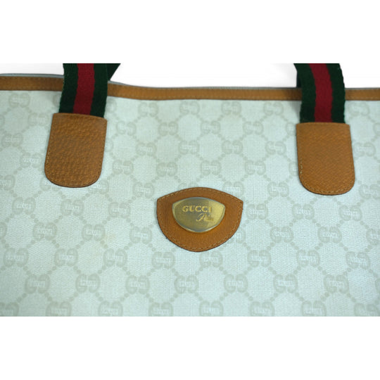 Gucci Plus Tote Bag Beige Canvas Leather Trim Red Green Straps Vintage Women's Handbag Made in Italy