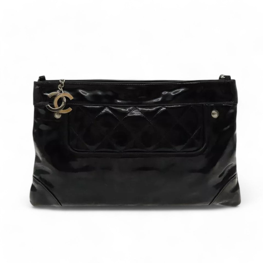 CHANEL Matelasse Chain Shoulder Bag Patent Leather Black Silver CC
