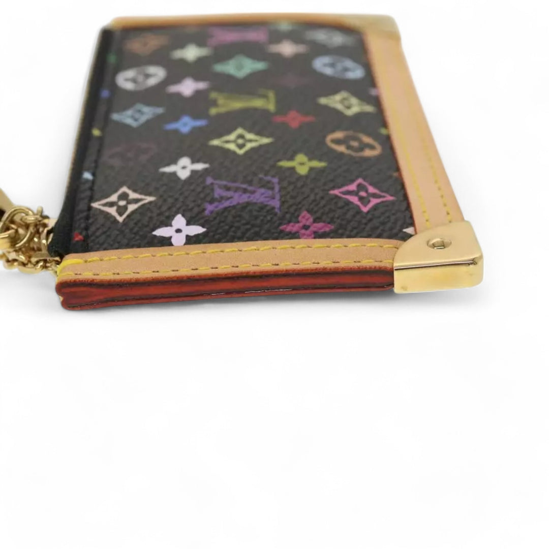 Louis Vuitton Monogram Pochette Cles Coin Purse Black Multicolor Womens Chain Key Holder Clutch Wristlet