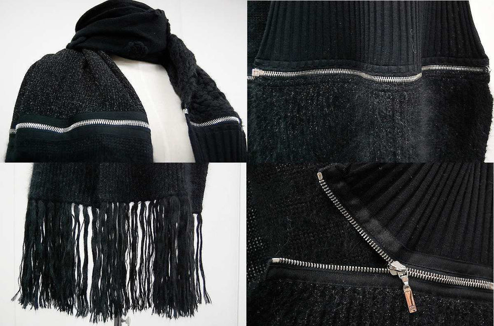 CHANEL Scarf , Wool type patchwork black Camelia With zipper Women Used Authentic
