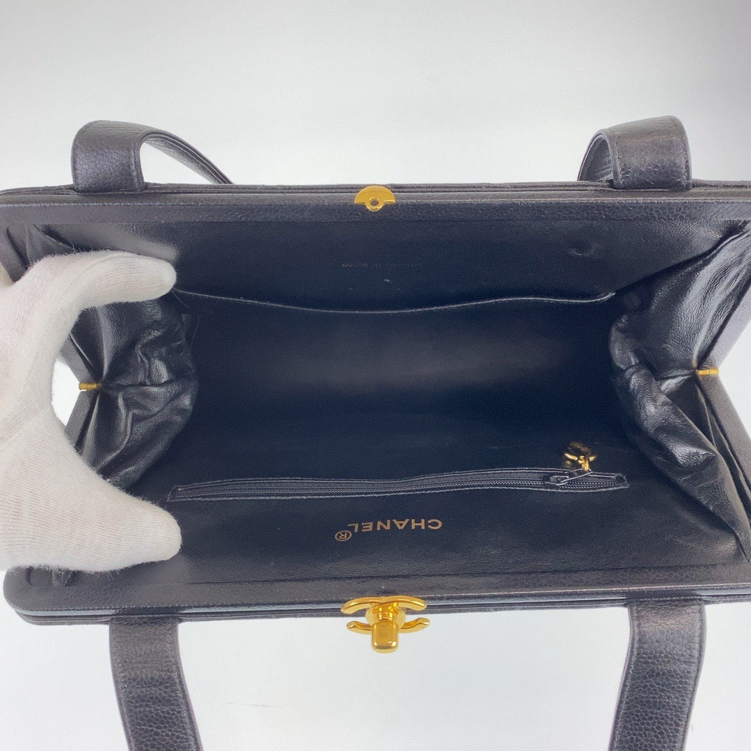 CHANEL Tote Bag Caviar Skin, Metal Black Gold Metal Tote Bag Shoulder Bag Handbag COCO Mark Matrasse Turn lock Women Used Authentic