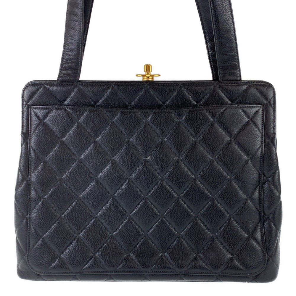 CHANEL Tote Bag Caviar Skin, Metal Black Gold Metal Tote Bag Shoulder Bag Handbag COCO Mark Matrasse Turn lock Women Used Authentic