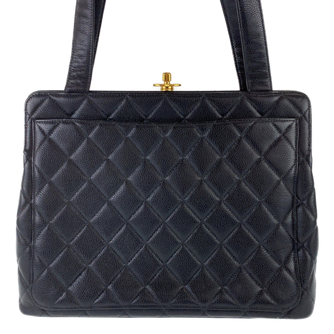 CHANEL Tote Bag Caviar Skin, Metal Black Gold Metal Tote Bag Shoulder Bag Handbag COCO Mark Matrasse Turn lock Women Used Authentic