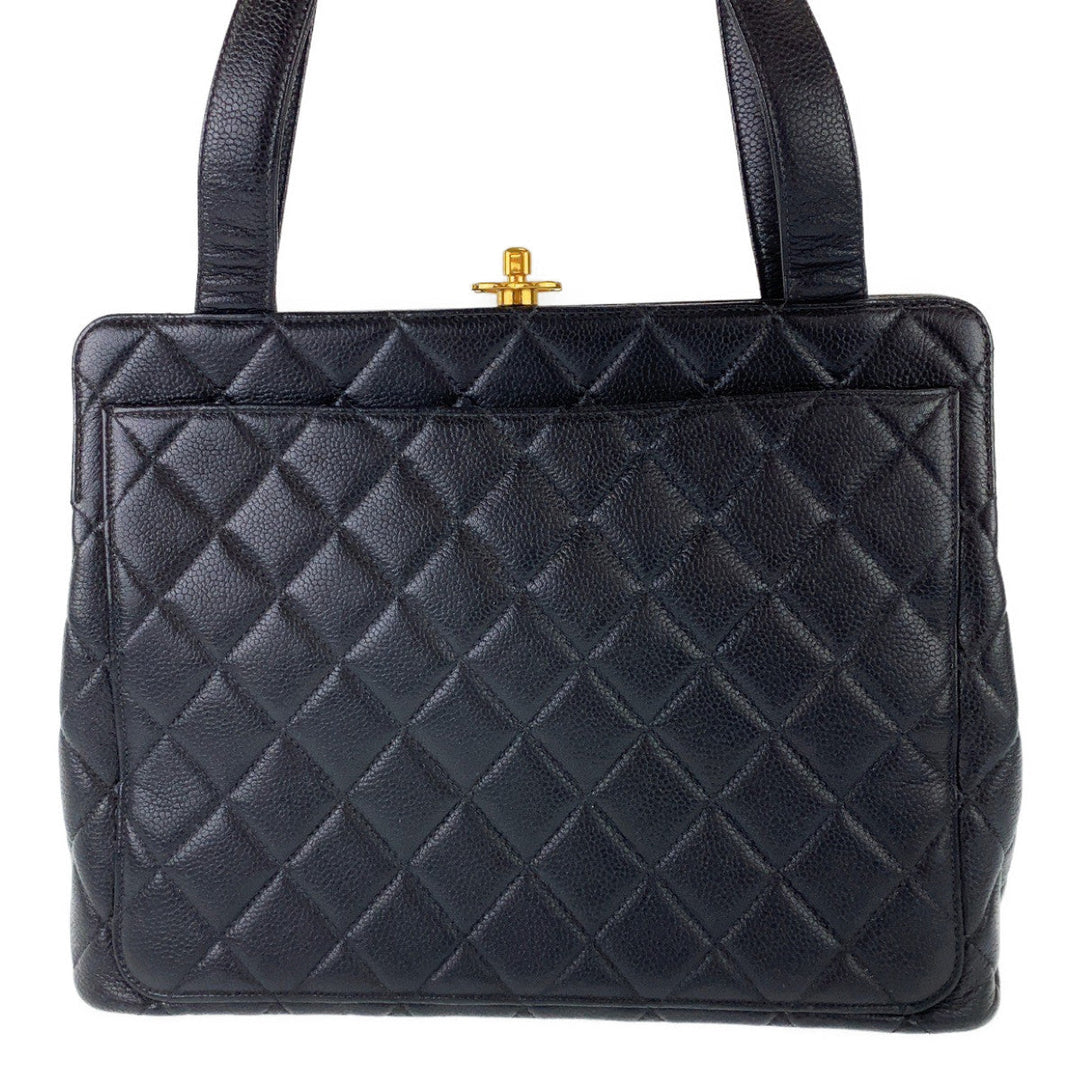 CHANEL Tote Bag Caviar Skin, Metal Black Gold Metal Tote Bag Shoulder Bag Handbag COCO Mark Matrasse Turn lock Women Used Authentic