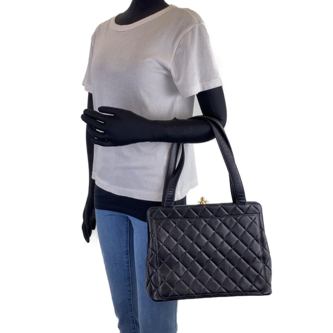 CHANEL Tote Bag Caviar Skin, Metal Black Gold Metal Tote Bag Shoulder Bag Handbag COCO Mark Matrasse Turn lock Women Used Authentic