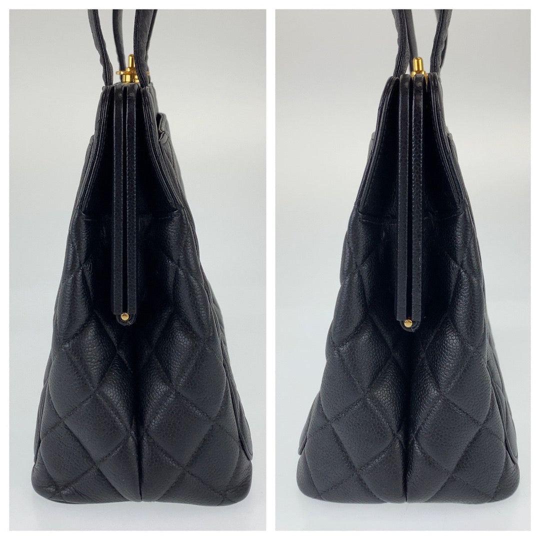 CHANEL Tote Bag Caviar Skin, Metal Black Gold Metal Tote Bag Shoulder Bag Handbag COCO Mark Matrasse Turn lock Women Used Authentic