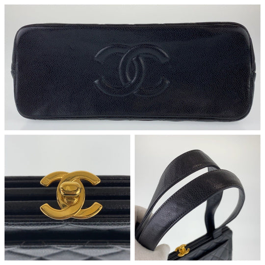 CHANEL Tote Bag Caviar Skin, Metal Black Gold Metal Tote Bag Shoulder Bag Handbag COCO Mark Matrasse Turn lock Women Used Authentic