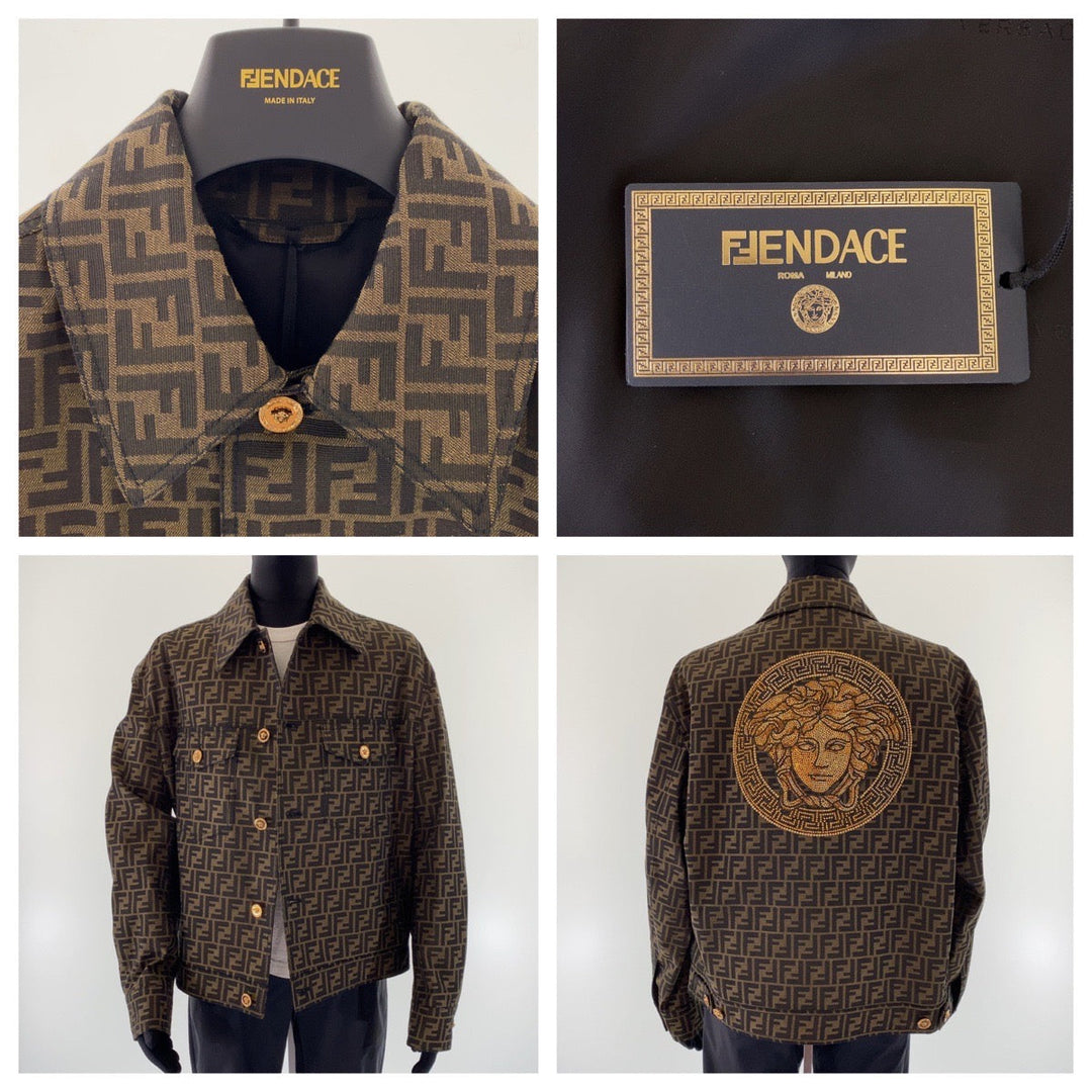 FENDI tailored jacket Polyester, Cotton Brown Zucca Pattern Medusa Jacquard Blazer Jacket FENDACE Fender Zucca Pattern Medusa Fendi Versace collaboration mens 52 Used Authentic
