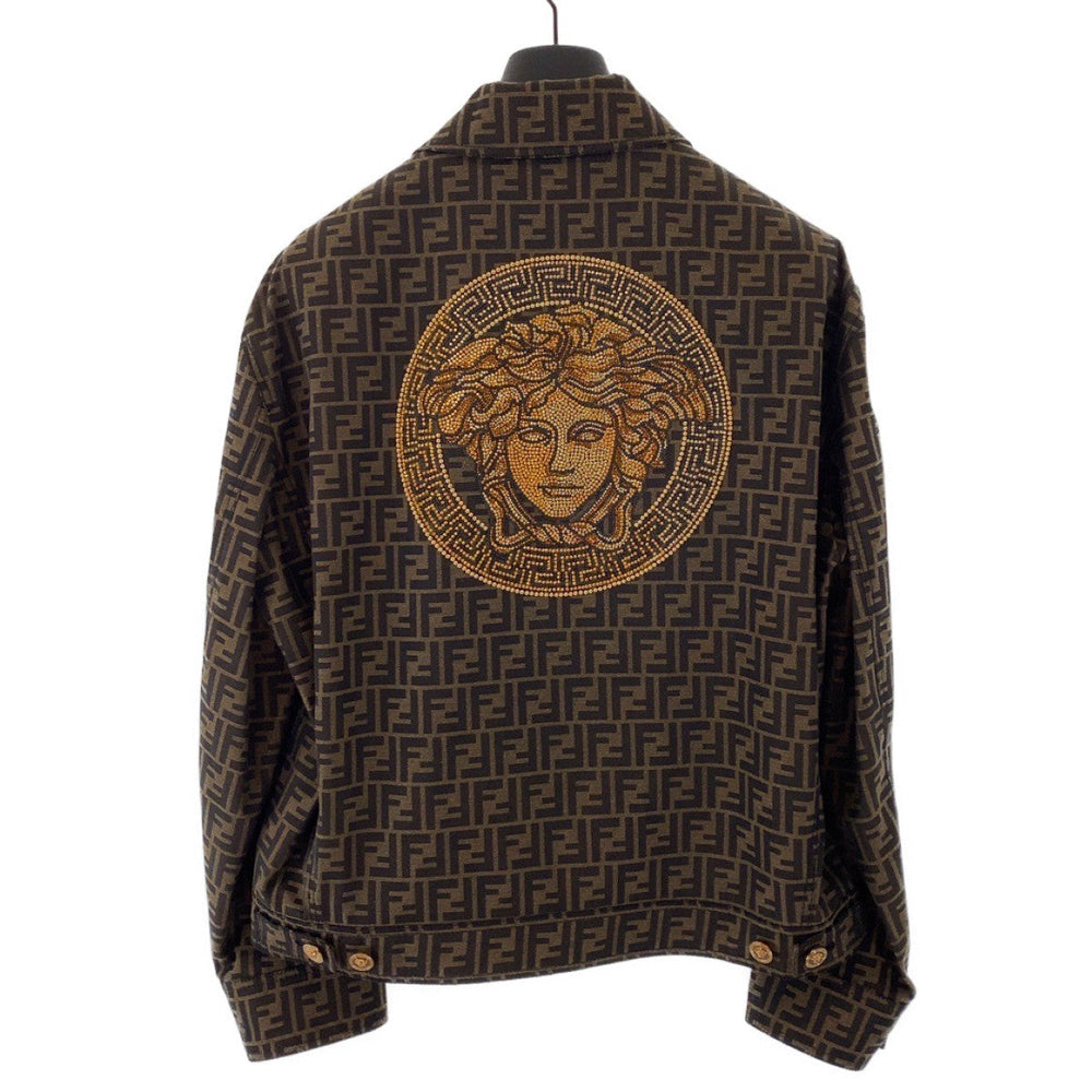 FENDI tailored jacket Polyester, Cotton Brown Zucca Pattern Medusa Jacquard Blazer Jacket FENDACE Fender Zucca Pattern Medusa Fendi Versace collaboration mens 52 Used Authentic