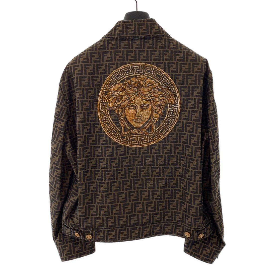 FENDI tailored jacket Polyester, Cotton Brown Zucca Pattern Medusa Jacquard Blazer Jacket FENDACE Fender Zucca Pattern Medusa Fendi Versace collaboration mens 52 Used Authentic