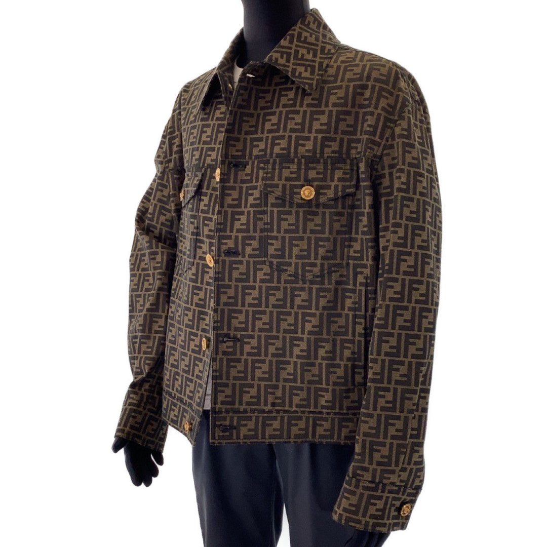 FENDI tailored jacket Polyester, Cotton Brown Zucca Pattern Medusa Jacquard Blazer Jacket FENDACE Fender Zucca Pattern Medusa Fendi Versace collaboration mens 52 Used Authentic