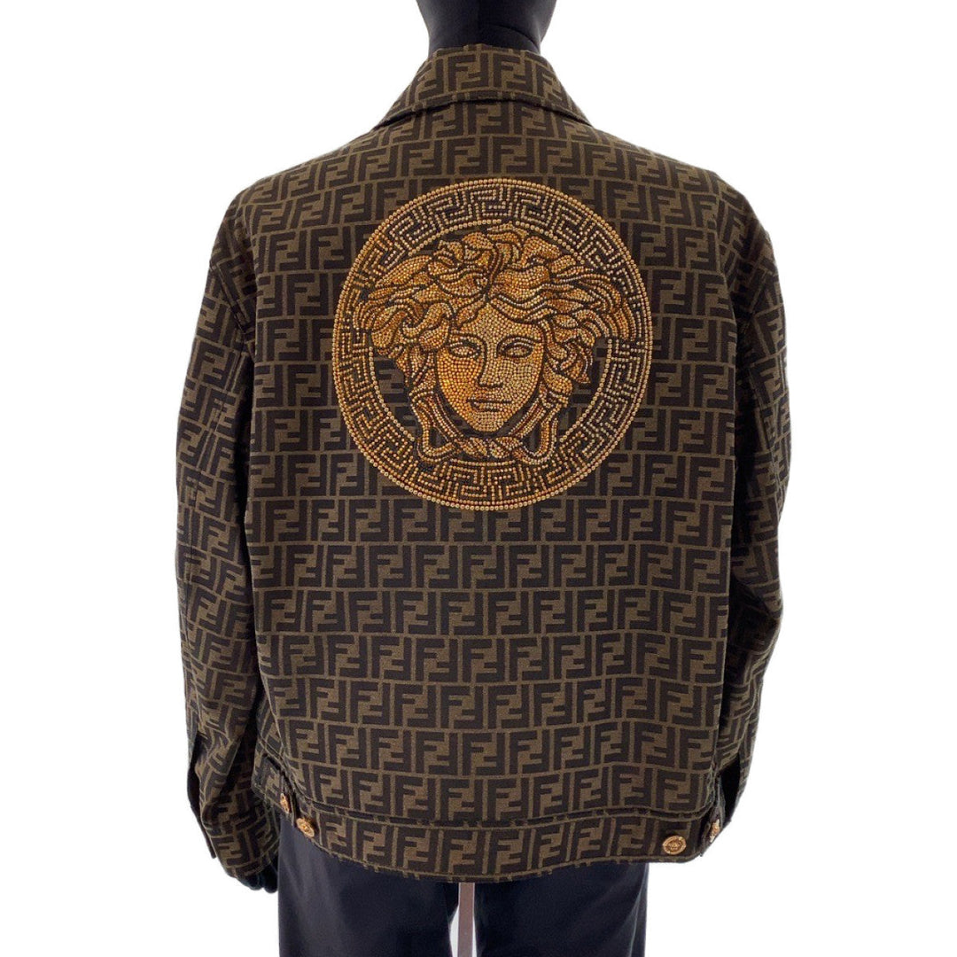 FENDI tailored jacket Polyester, Cotton Brown Zucca Pattern Medusa Jacquard Blazer Jacket FENDACE Fender Zucca Pattern Medusa Fendi Versace collaboration mens 52 Used Authentic
