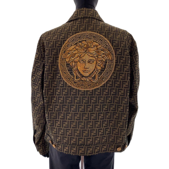 FENDI tailored jacket Polyester, Cotton Brown Zucca Pattern Medusa Jacquard Blazer Jacket FENDACE Fender Zucca Pattern Medusa Fendi Versace collaboration mens 52 Used Authentic