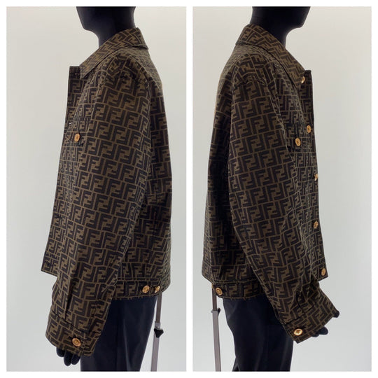 FENDI tailored jacket Polyester, Cotton Brown Zucca Pattern Medusa Jacquard Blazer Jacket FENDACE Fender Zucca Pattern Medusa Fendi Versace collaboration mens 52 Used Authentic