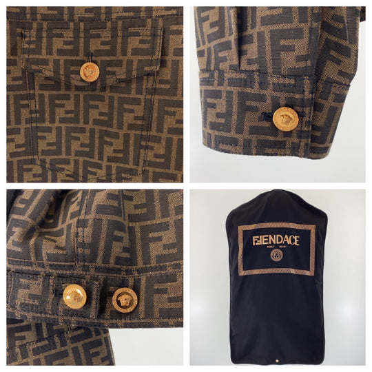 FENDI tailored jacket Polyester, Cotton Brown Zucca Pattern Medusa Jacquard Blazer Jacket FENDACE Fender Zucca Pattern Medusa Fendi Versace collaboration mens 52 Used Authentic