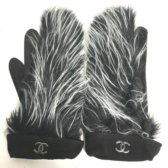 CHANEL gloves suede black Fur CC COCO Mark Women 7.5 Used Authentic