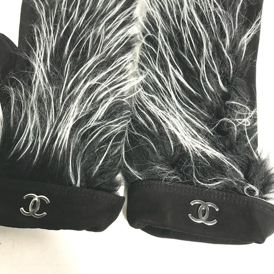 CHANEL gloves suede black Fur CC COCO Mark Women 7.5 Used Authentic