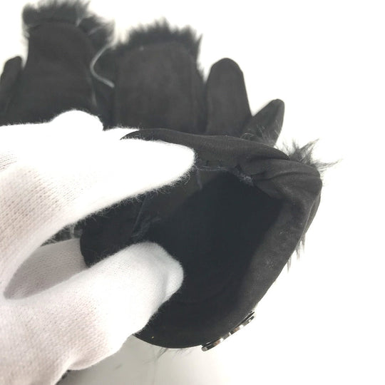 CHANEL gloves suede black Fur CC COCO Mark Women 7.5 Used Authentic