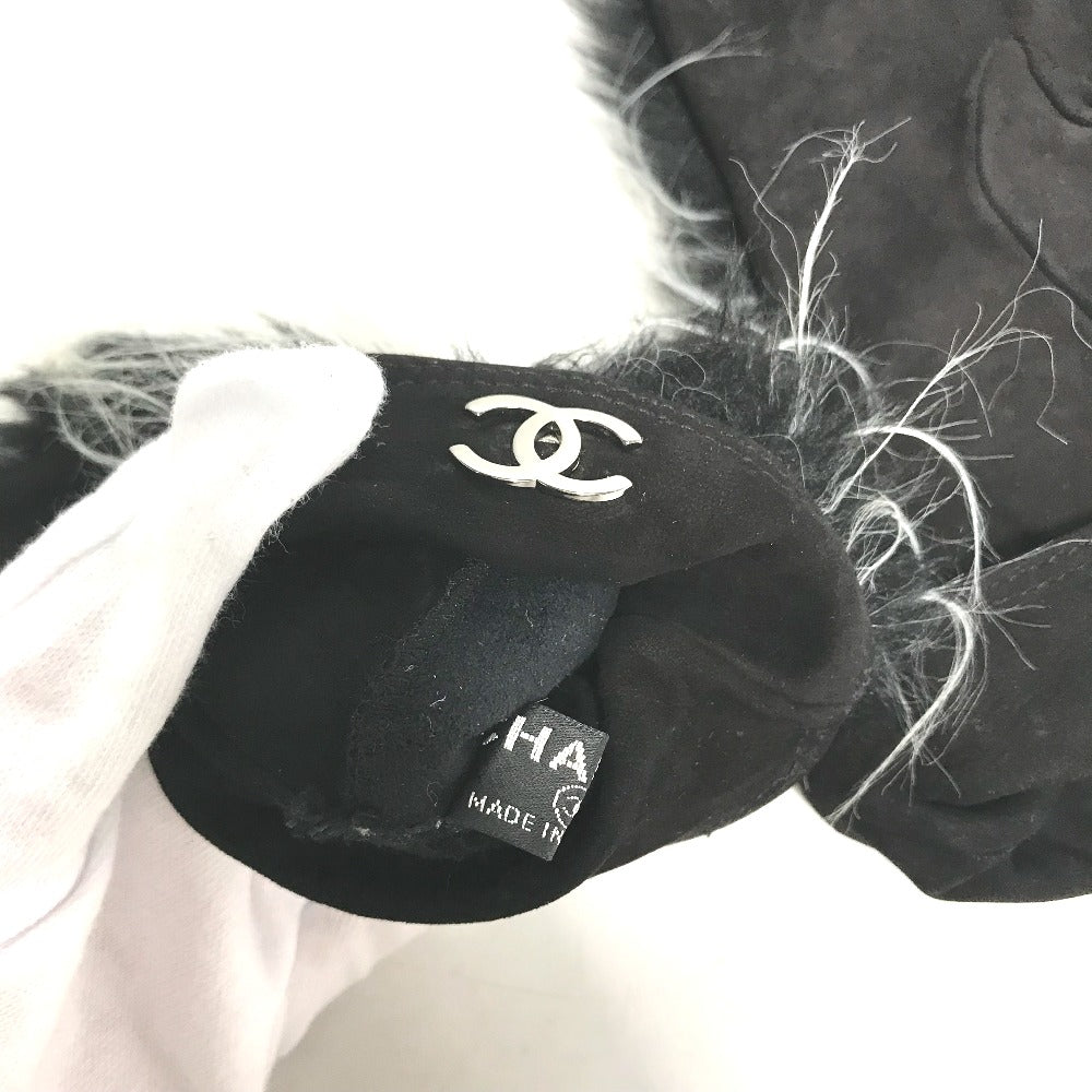 CHANEL gloves suede black Fur CC COCO Mark Women 7.5 Used Authentic