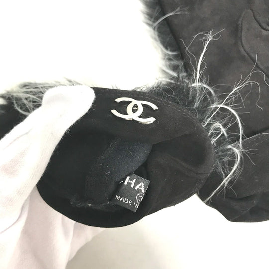 CHANEL gloves suede black Fur CC COCO Mark Women 7.5 Used Authentic