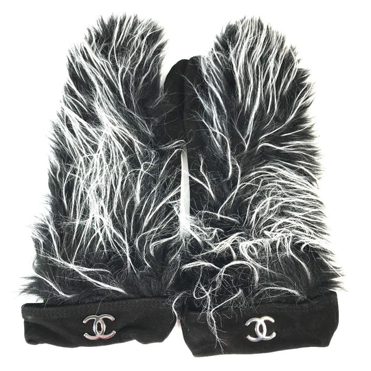 CHANEL Glove Nubuck black mitten type CC COCO Mark Fur Women 7.5 Used Authentic