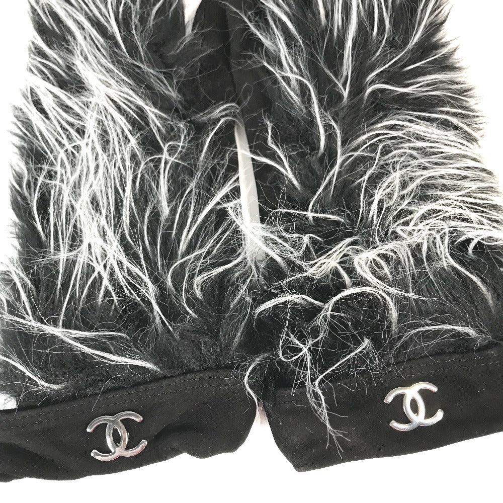 CHANEL Glove Nubuck black mitten type CC COCO Mark Fur Women 7.5 Used Authentic