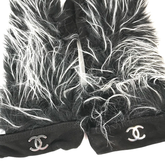 CHANEL Glove Nubuck black mitten type CC COCO Mark Fur Women 7.5 Used Authentic