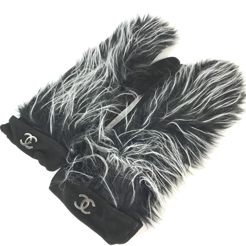CHANEL Glove Nubuck black mitten type CC COCO Mark Fur Women 7.5 Used Authentic
