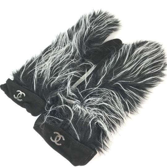 CHANEL Glove Nubuck black mitten type CC COCO Mark Fur Women 7.5 Used Authentic