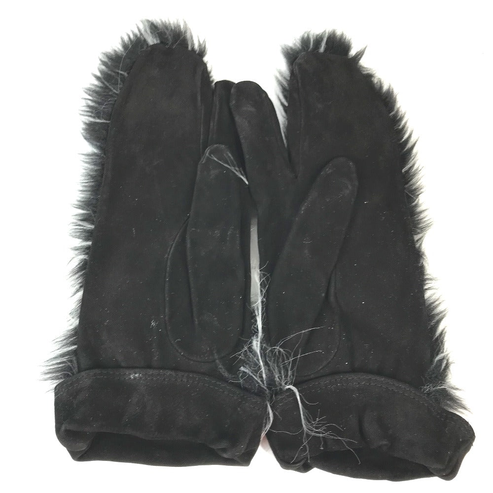 CHANEL Glove Nubuck black mitten type CC COCO Mark Fur Women 7.5 Used Authentic