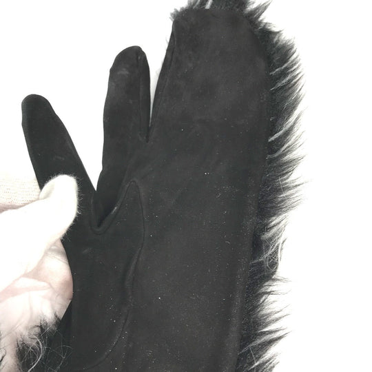 CHANEL Glove Nubuck black mitten type CC COCO Mark Fur Women 7.5 Used Authentic