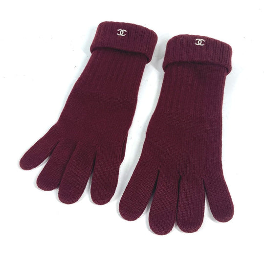 CHANEL gloves cashmere Wine red type CC COCO Mark logo Women Used Authentic