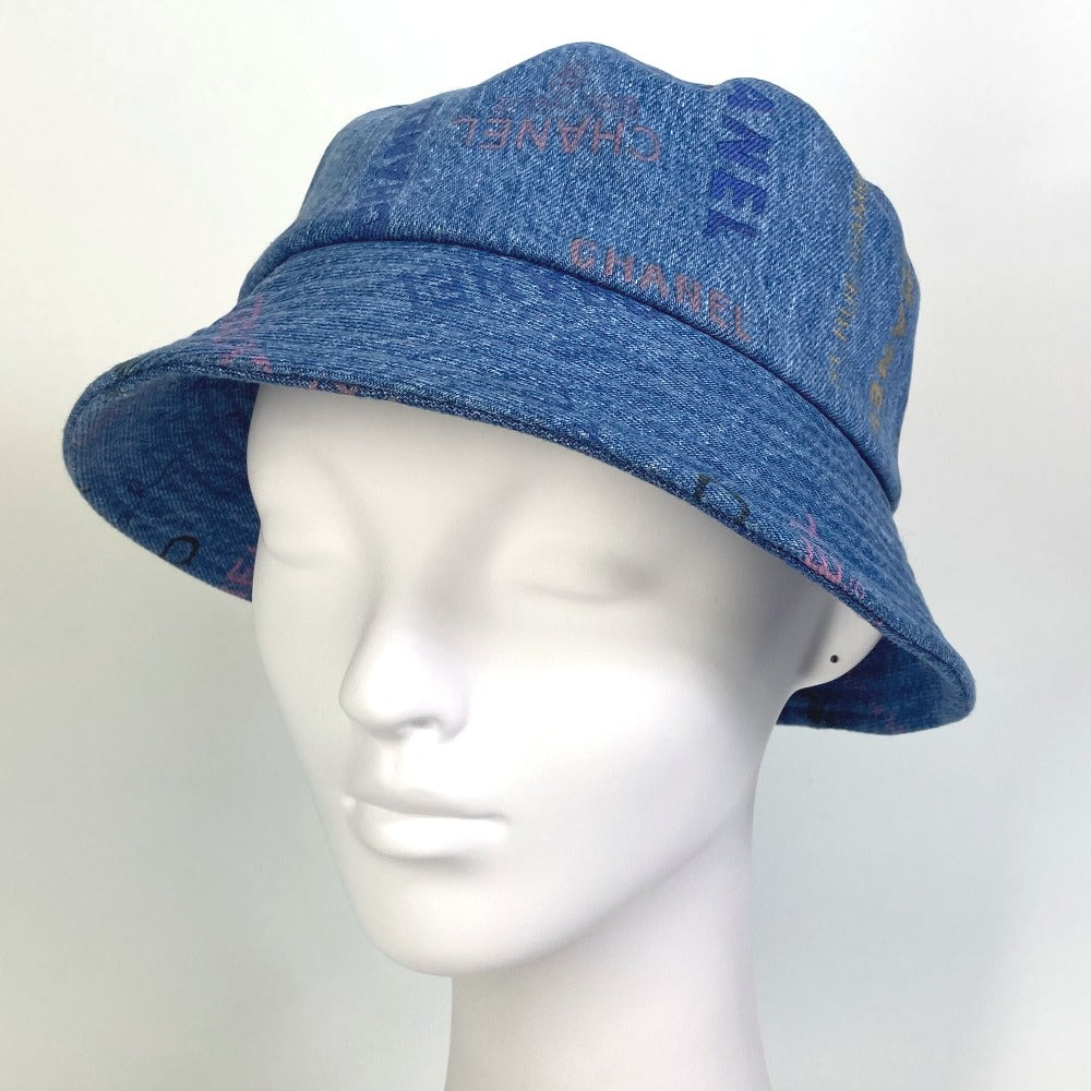 CHANEL hat denim blue Total pattern logo denim crusher hat Women M Used Authentic