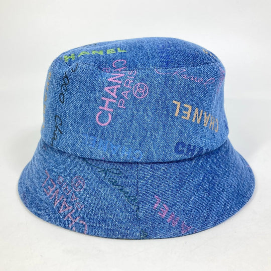 CHANEL hat denim blue Total pattern logo denim crusher hat Women M Used Authentic