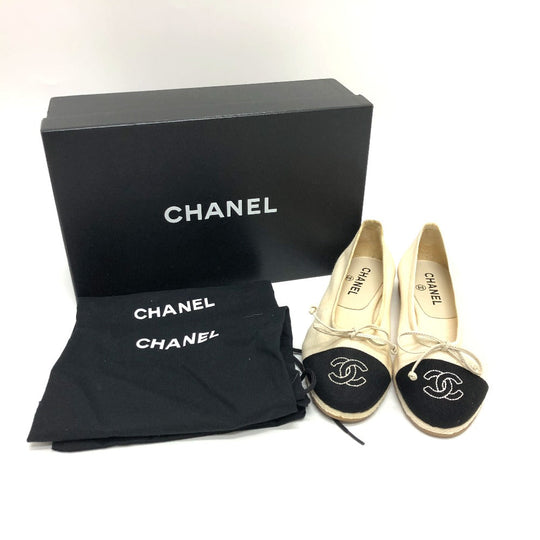 CHANEL pumps canvas white COCO Mark Espado Ribbon Women 35 Used Authentic