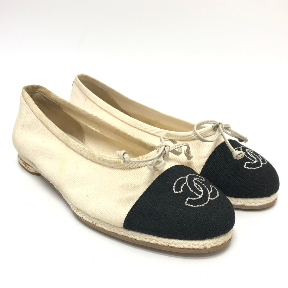 CHANEL pumps canvas white COCO Mark Espado Ribbon Women 35 Used Authentic