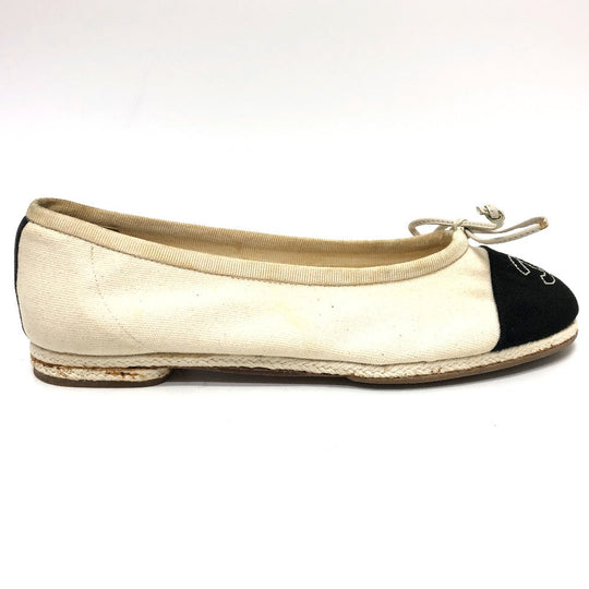 CHANEL pumps canvas white COCO Mark Espado Ribbon Women 35 Used Authentic
