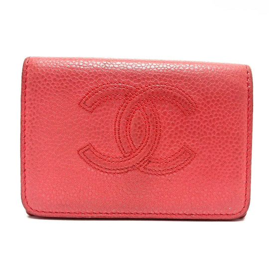 CHANEL Trifold wallet A70796 Caviar skin salmon pink CC COCO Mark W Hook Wallet Small Flap Wallet Women Used Authentic