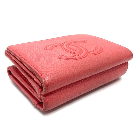 CHANEL Trifold wallet A70796 Caviar skin salmon pink CC COCO Mark W Hook Wallet Small Flap Wallet Women Used Authentic