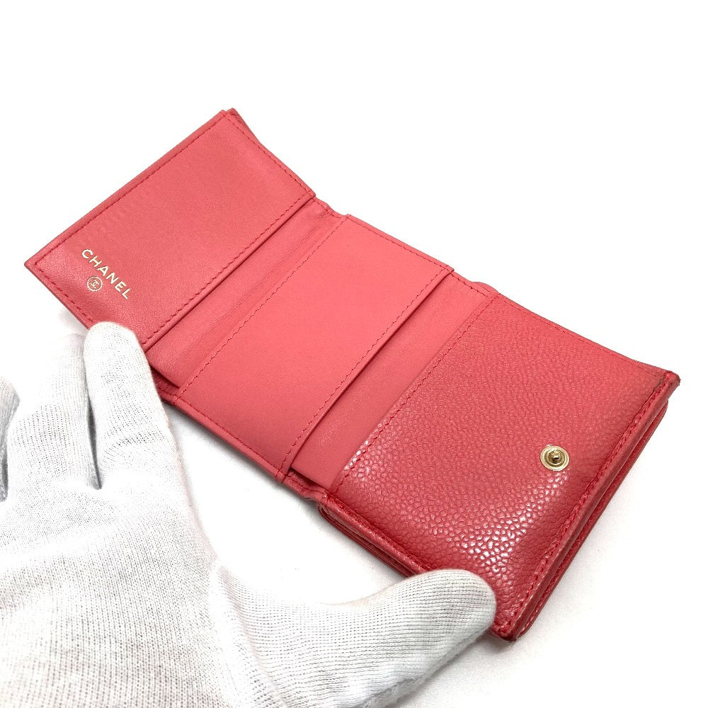 CHANEL Trifold wallet A70796 Caviar skin salmon pink CC COCO Mark W Hook Wallet Small Flap Wallet Women Used Authentic