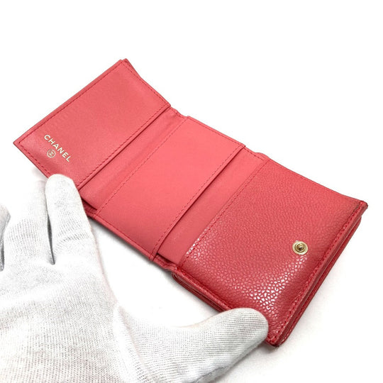 CHANEL Trifold wallet A70796 Caviar skin salmon pink CC COCO Mark W Hook Wallet Small Flap Wallet Women Used Authentic