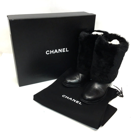 CHANEL boots G31196 leather black CC COCO Mark 15B Women 38 Used Authentic